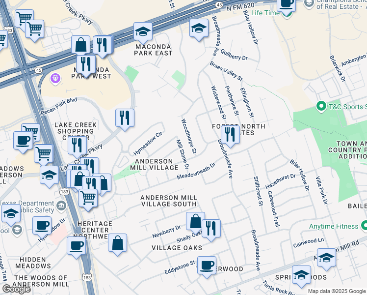map of restaurants, bars, coffee shops, grocery stores, and more near 13135 Mill Stone Drive in Austin