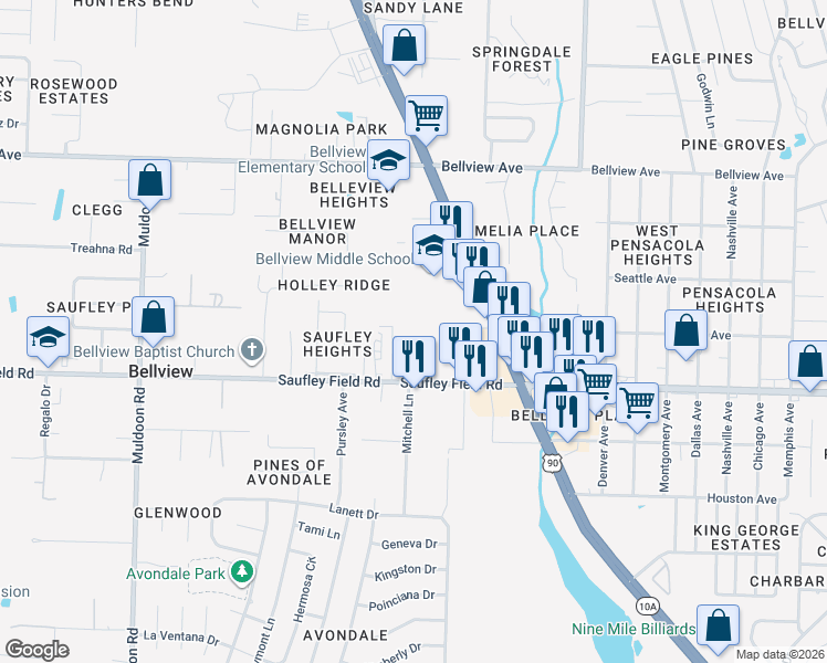 map of restaurants, bars, coffee shops, grocery stores, and more near 6201 Mobile Highway in Pensacola
