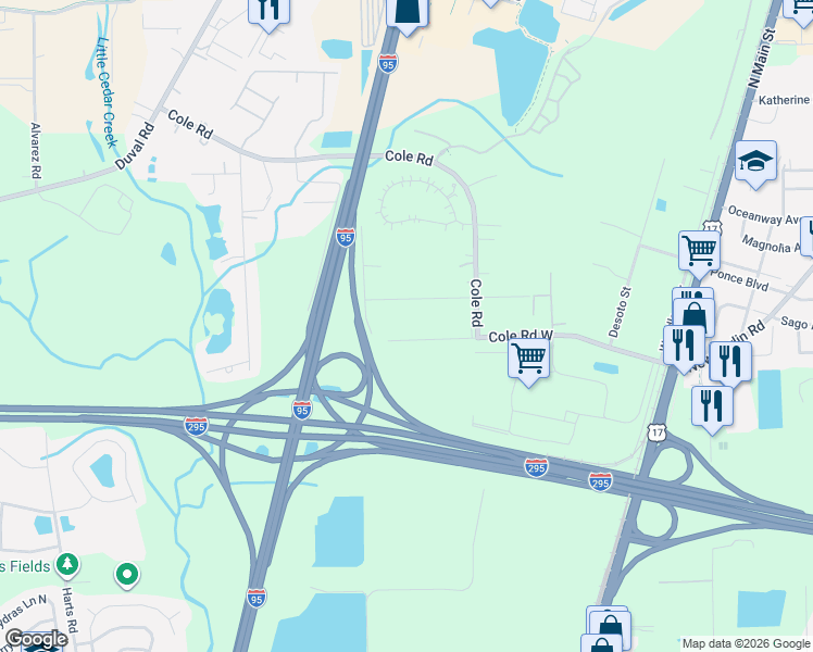 map of restaurants, bars, coffee shops, grocery stores, and more near 464 Spaulding Road in Jacksonville