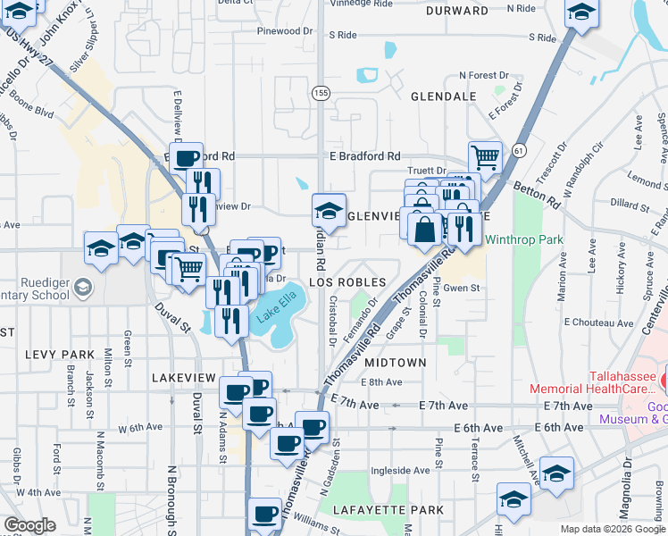 map of restaurants, bars, coffee shops, grocery stores, and more near 240 De Soto Street in Tallahassee