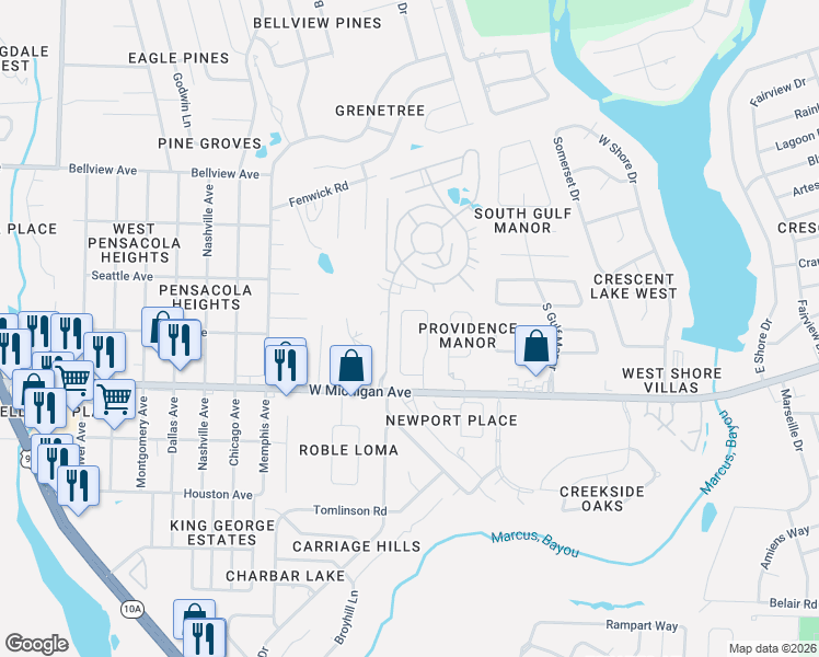 map of restaurants, bars, coffee shops, grocery stores, and more near 5838 Tryton Circle in Pensacola