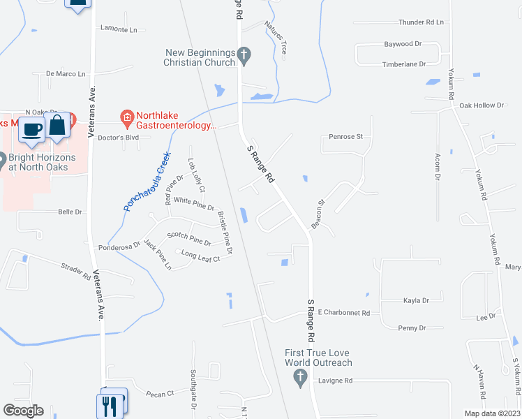map of restaurants, bars, coffee shops, grocery stores, and more near 42113 Garden Drive in Ponchatoula