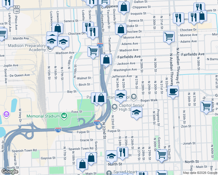 map of restaurants, bars, coffee shops, grocery stores, and more near 1732 Plank Road in Baton Rouge