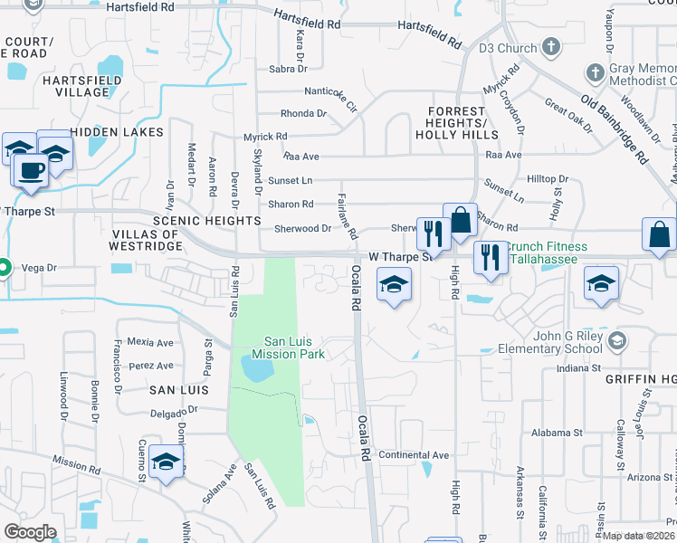 map of restaurants, bars, coffee shops, grocery stores, and more near 411 Westwood Drive in Tallahassee