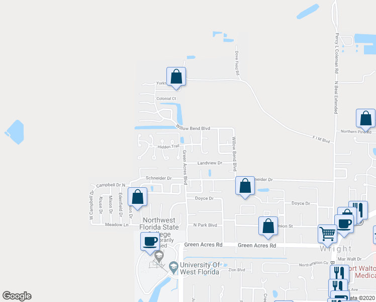 map of restaurants, bars, coffee shops, grocery stores, and more near 1115 Bridlewood Path in Fort Walton Beach