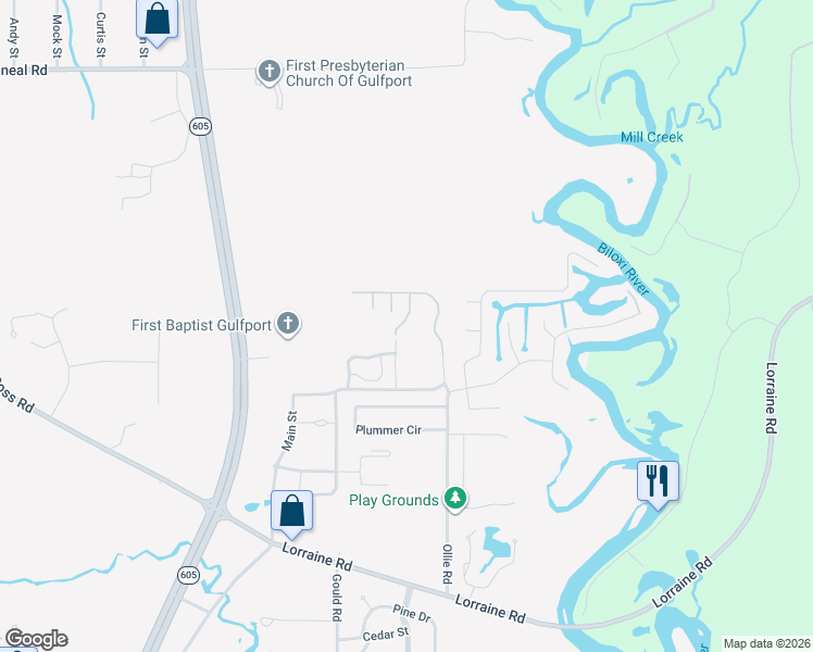 map of restaurants, bars, coffee shops, grocery stores, and more near 12131 Ollie Road in Gulfport