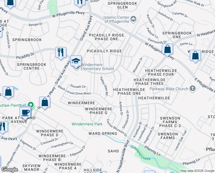 map of restaurants, bars, coffee shops, grocery stores, and more near 17121 Valley Glen Road in Pflugerville