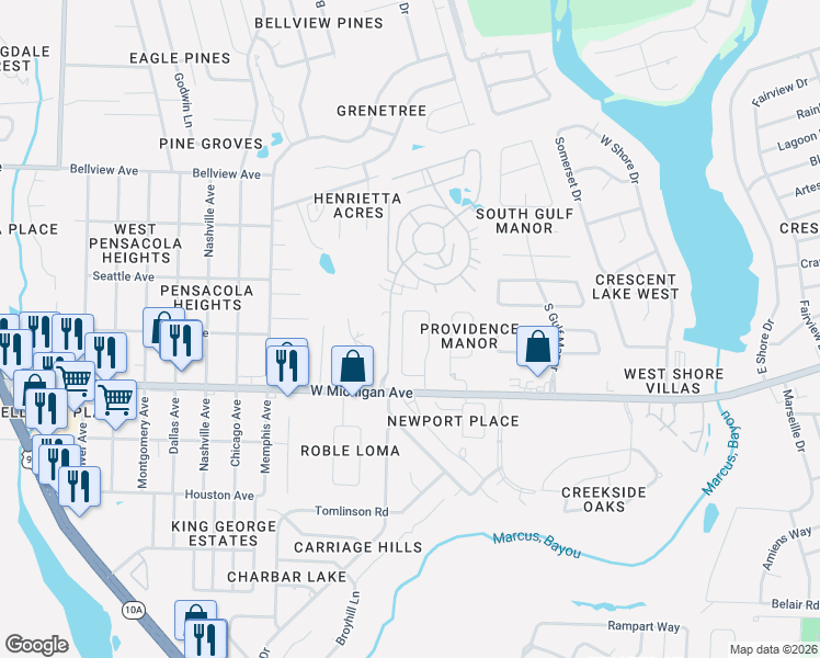 map of restaurants, bars, coffee shops, grocery stores, and more near 5838 Tryton Circle in Pensacola