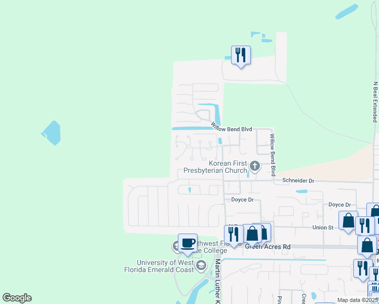 map of restaurants, bars, coffee shops, grocery stores, and more near 1902 Squirrel Path in Fort Walton Beach