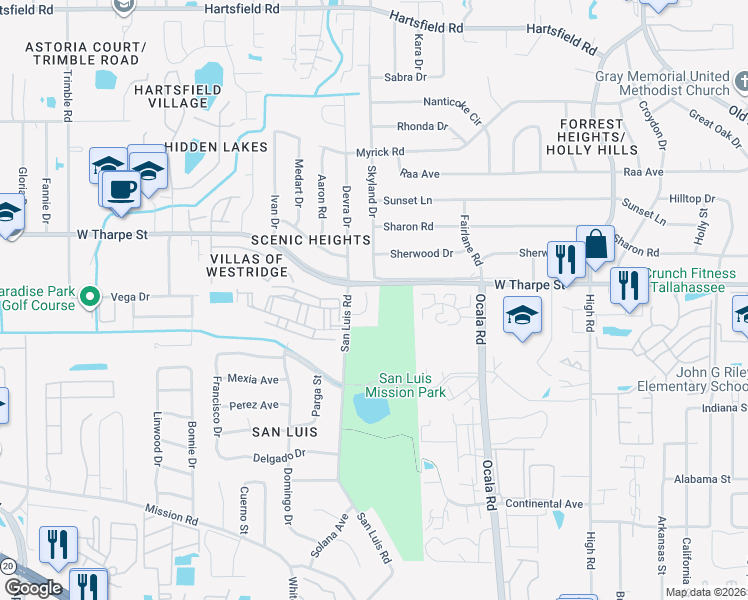 map of restaurants, bars, coffee shops, grocery stores, and more near 1567 San Luis Road in Tallahassee