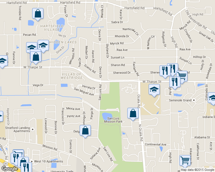 map of restaurants, bars, coffee shops, grocery stores, and more near 1567 San Luis Road in Tallahassee
