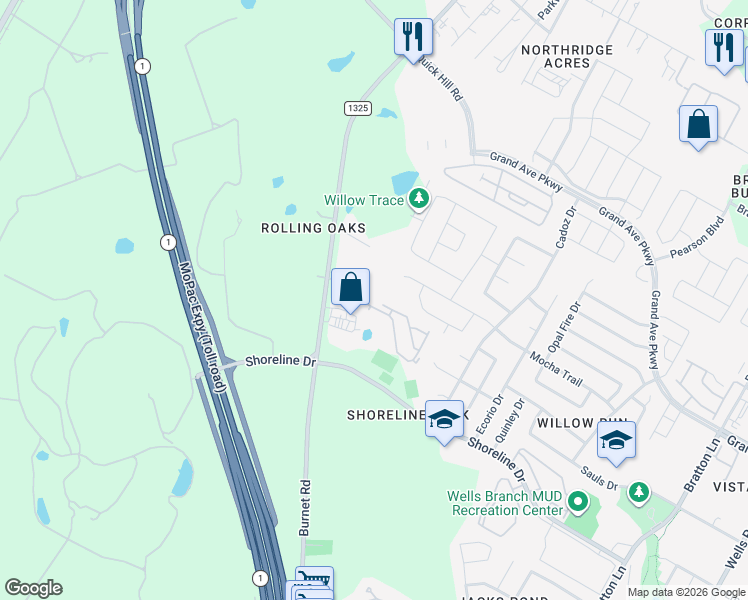 map of restaurants, bars, coffee shops, grocery stores, and more near 15601 Farm to Market Road 1325 in Austin