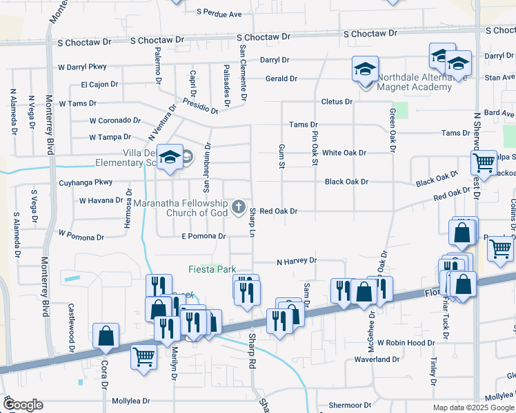 map of restaurants, bars, coffee shops, grocery stores, and more near 10127 Red Oak Drive in Baton Rouge