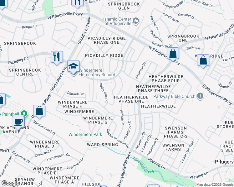map of restaurants, bars, coffee shops, grocery stores, and more near 17201 Village Glen Cove in Pflugerville
