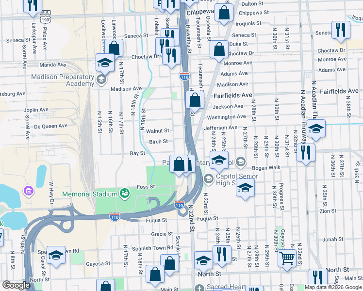 map of restaurants, bars, coffee shops, grocery stores, and more near 1725 Pocahontas Street in Baton Rouge