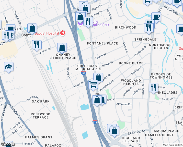 map of restaurants, bars, coffee shops, grocery stores, and more near 4501 North Davis Highway in Pensacola