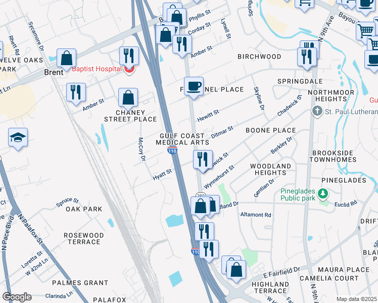 map of restaurants, bars, coffee shops, grocery stores, and more near 4501 North Davis Highway in Pensacola