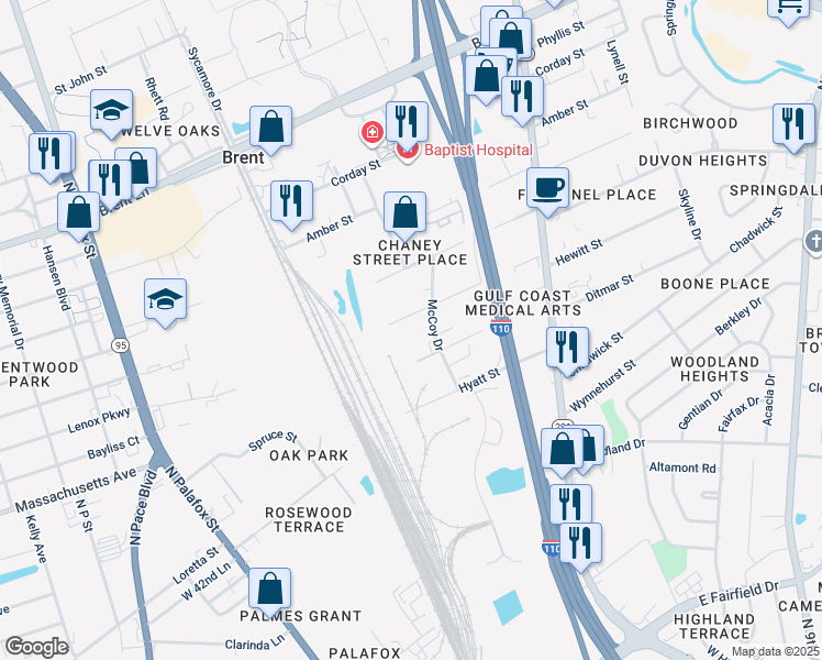 map of restaurants, bars, coffee shops, grocery stores, and more near 205 Hewitt Street in Pensacola
