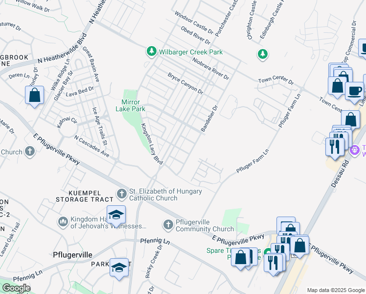 map of restaurants, bars, coffee shops, grocery stores, and more near 1110 Black Canyon Street in Pflugerville