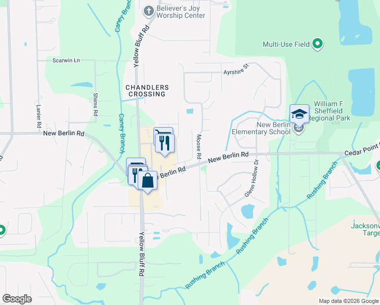 map of restaurants, bars, coffee shops, grocery stores, and more near 12489 Sugarberry Way in Jacksonville