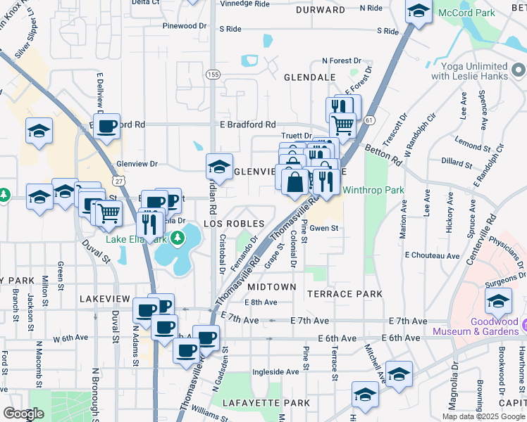 map of restaurants, bars, coffee shops, grocery stores, and more near 316 De Soto Street in Tallahassee