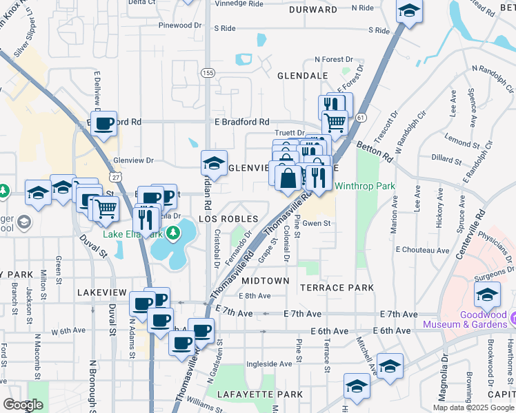 map of restaurants, bars, coffee shops, grocery stores, and more near 316 De Soto Street in Tallahassee