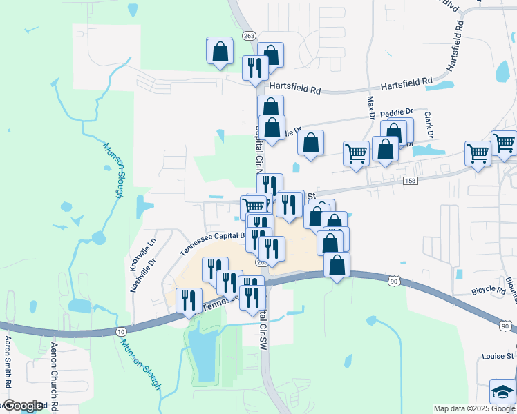 map of restaurants, bars, coffee shops, grocery stores, and more near 1460 Capital Circle Northwest in Tallahassee