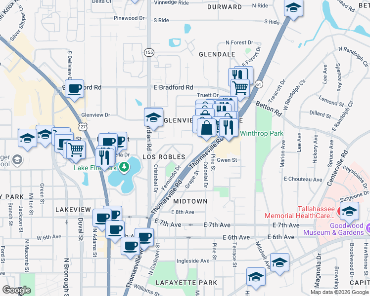 map of restaurants, bars, coffee shops, grocery stores, and more near 316 De Soto Street in Tallahassee