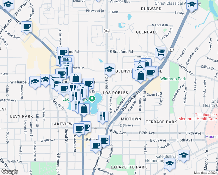 map of restaurants, bars, coffee shops, grocery stores, and more near 1700 North Meridian Road in Tallahassee