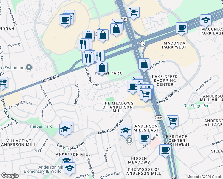 map of restaurants, bars, coffee shops, grocery stores, and more near 12804 Cape May Lane in Austin