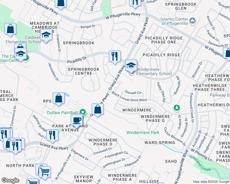 map of restaurants, bars, coffee shops, grocery stores, and more near 1214 Disraeli Circle in Pflugerville
