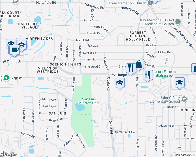 map of restaurants, bars, coffee shops, grocery stores, and more near 411 Westwood Drive in Tallahassee