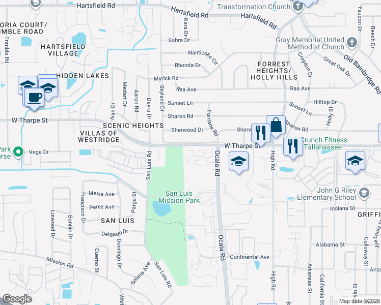 map of restaurants, bars, coffee shops, grocery stores, and more near 302 Westwood Drive in Tallahassee