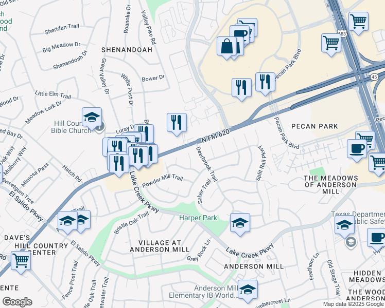 map of restaurants, bars, coffee shops, grocery stores, and more near 12309 Bent Cedar Cove in Austin