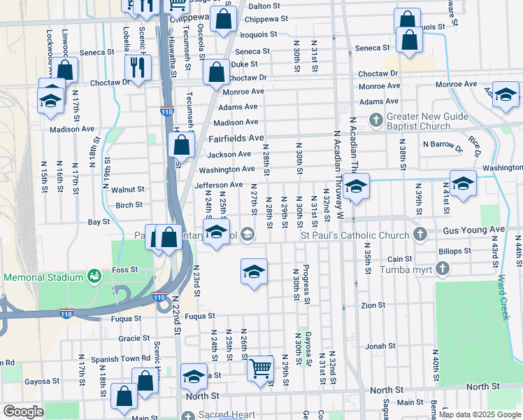 map of restaurants, bars, coffee shops, grocery stores, and more near 1635 North 28th Street in Baton Rouge