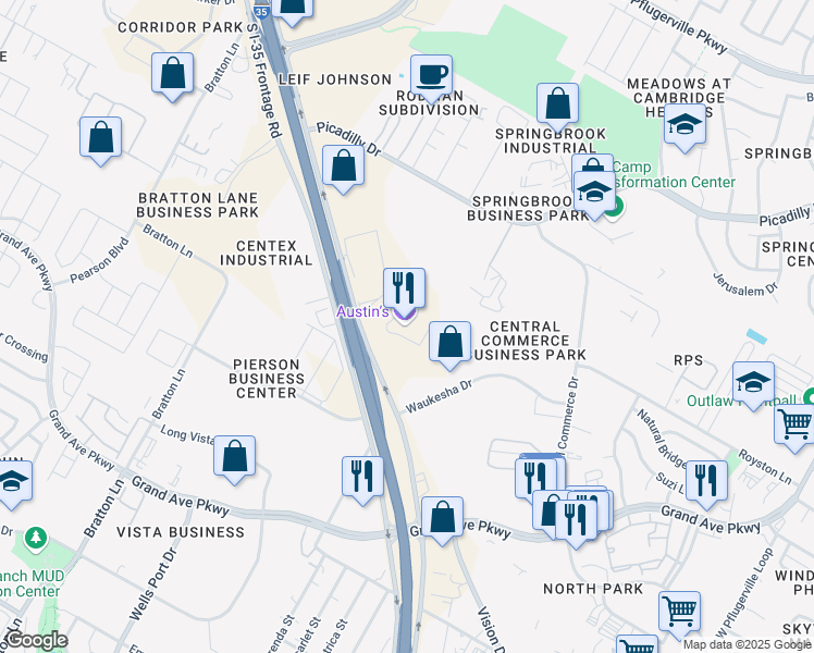 map of restaurants, bars, coffee shops, grocery stores, and more near 16231 North Interstate 35 Frontage Road in Pflugerville