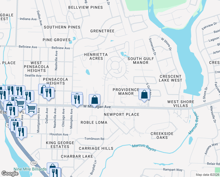map of restaurants, bars, coffee shops, grocery stores, and more near 5838 Tryton Circle in Pensacola