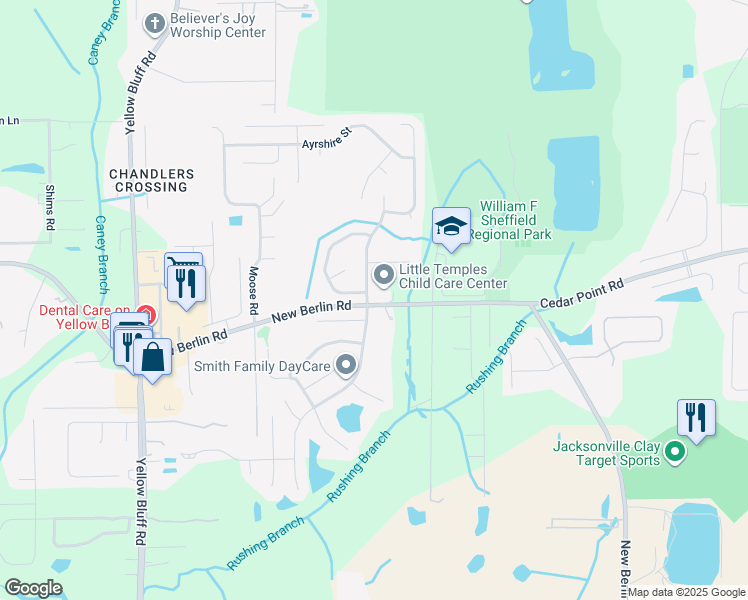 map of restaurants, bars, coffee shops, grocery stores, and more near 3525 New Berlin Road in Jacksonville