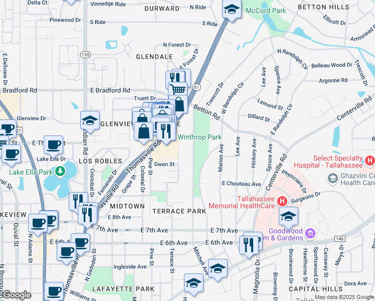 map of restaurants, bars, coffee shops, grocery stores, and more near 1602 Mitchell Avenue in Tallahassee