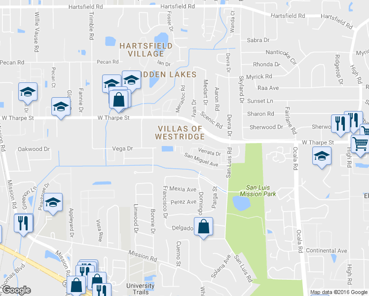 map of restaurants, bars, coffee shops, grocery stores, and more near 2532 San Miguel Avenue in Tallahassee