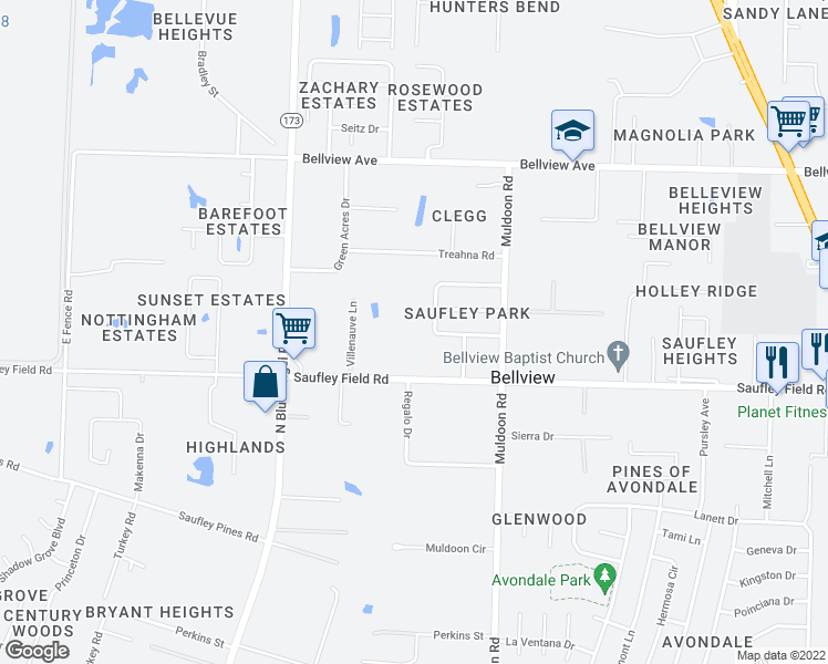 map of restaurants, bars, coffee shops, grocery stores, and more near 5200 Saufley Field Road in Pensacola