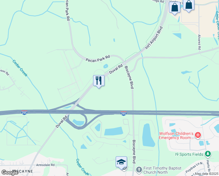 map of restaurants, bars, coffee shops, grocery stores, and more near 12921-12945 Duval Road in Jacksonville