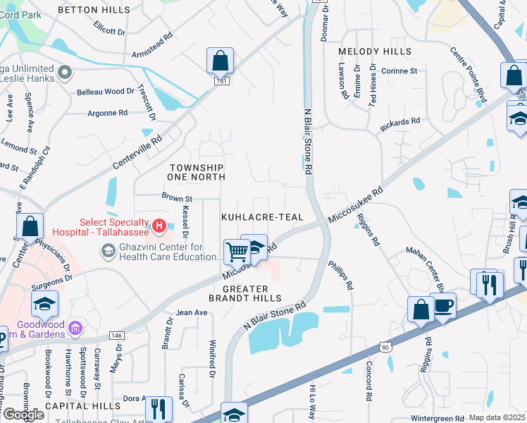 map of restaurants, bars, coffee shops, grocery stores, and more near 416 Teal Lane in Tallahassee