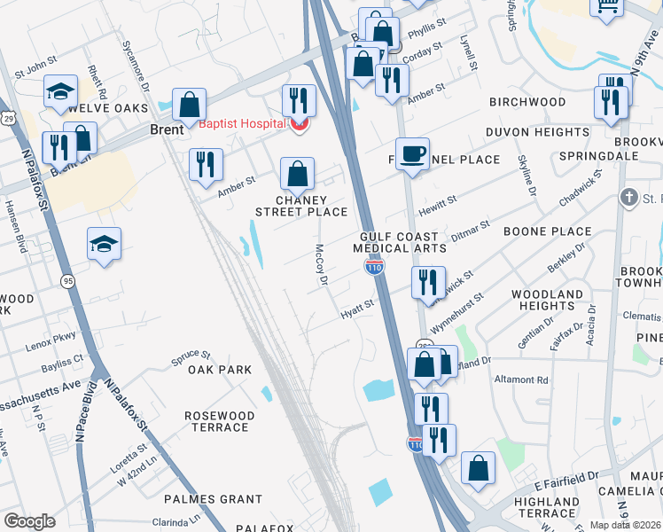 map of restaurants, bars, coffee shops, grocery stores, and more near 300 Hewitt Street in Pensacola
