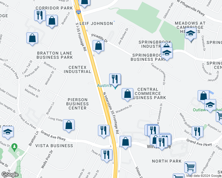 map of restaurants, bars, coffee shops, grocery stores, and more near 16231 North Interstate 35 Frontage Road in Pflugerville