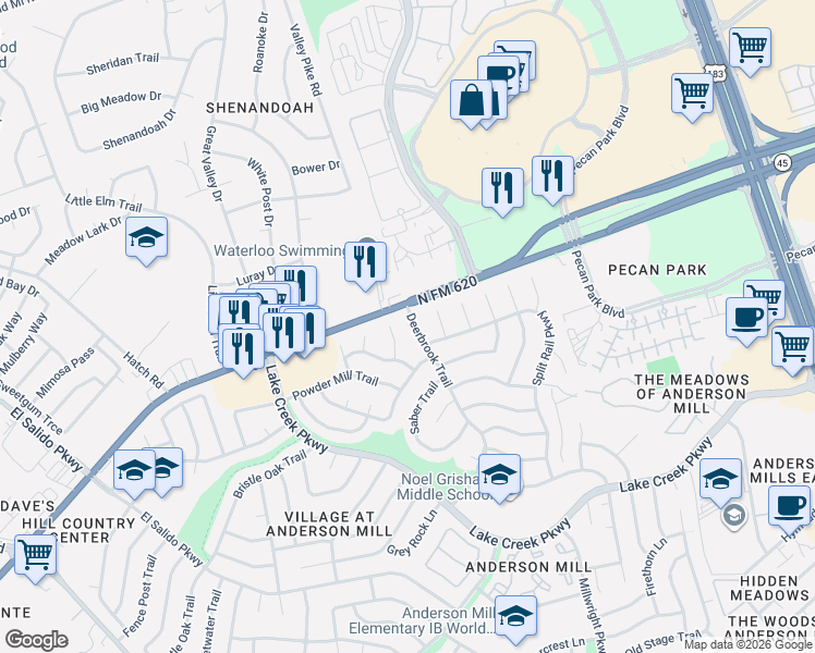 map of restaurants, bars, coffee shops, grocery stores, and more near 12336 Deerbrook Trail in Austin