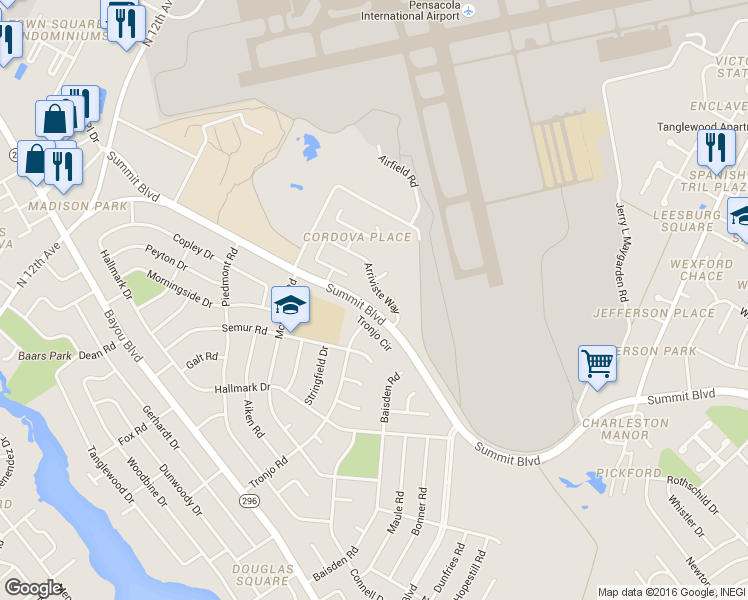 map of restaurants, bars, coffee shops, grocery stores, and more near 2341 Arriviste Way in Pensacola