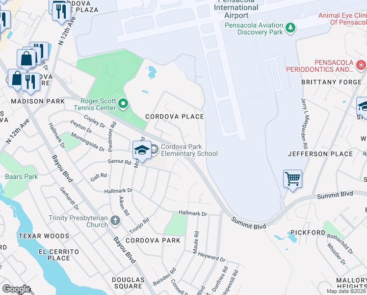 map of restaurants, bars, coffee shops, grocery stores, and more near 2341 Arriviste Way in Pensacola