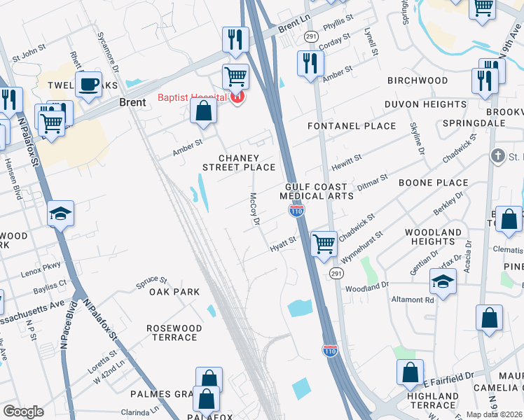 map of restaurants, bars, coffee shops, grocery stores, and more near 300 Hewitt Street in Pensacola