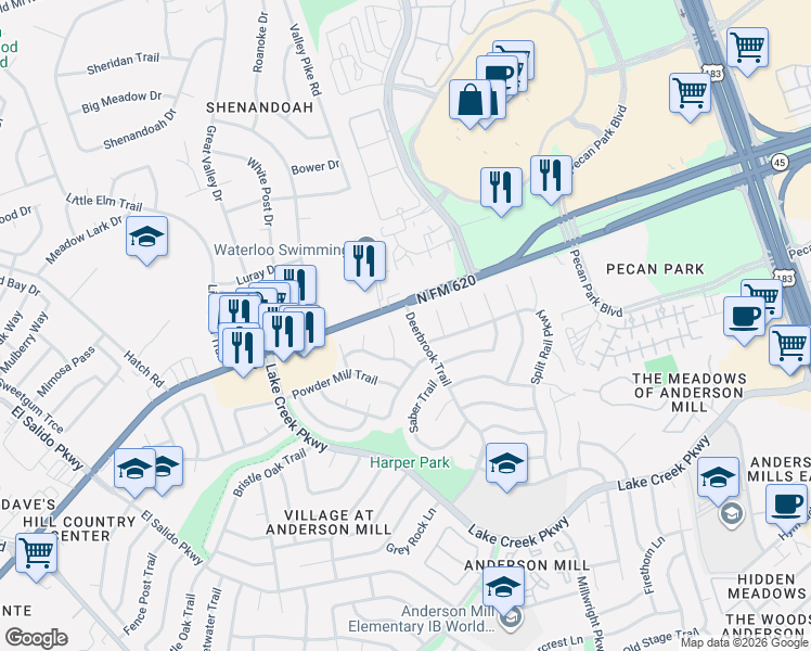 map of restaurants, bars, coffee shops, grocery stores, and more near 12332 Deerbrook Trail in Austin